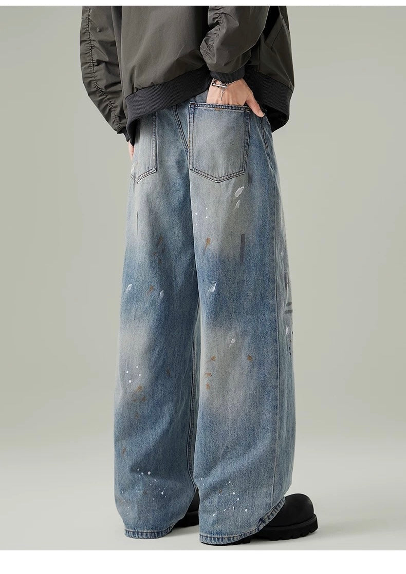 Men’s Paint-Splatter Washed Jeans – Vintage American Street Art Denim Pants FE0056