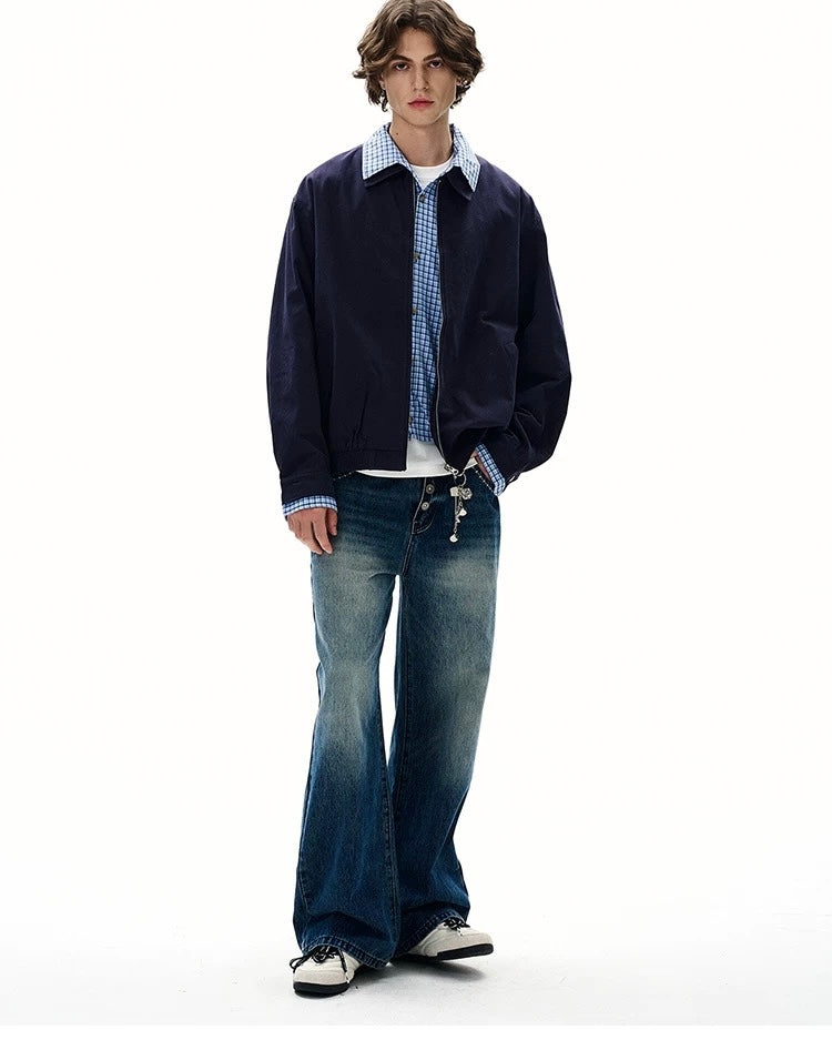 Men’s Vintage Plaid Patchwork Layered Jacket – American Retro Fake Two-Piece Streetwear Coat FE0055