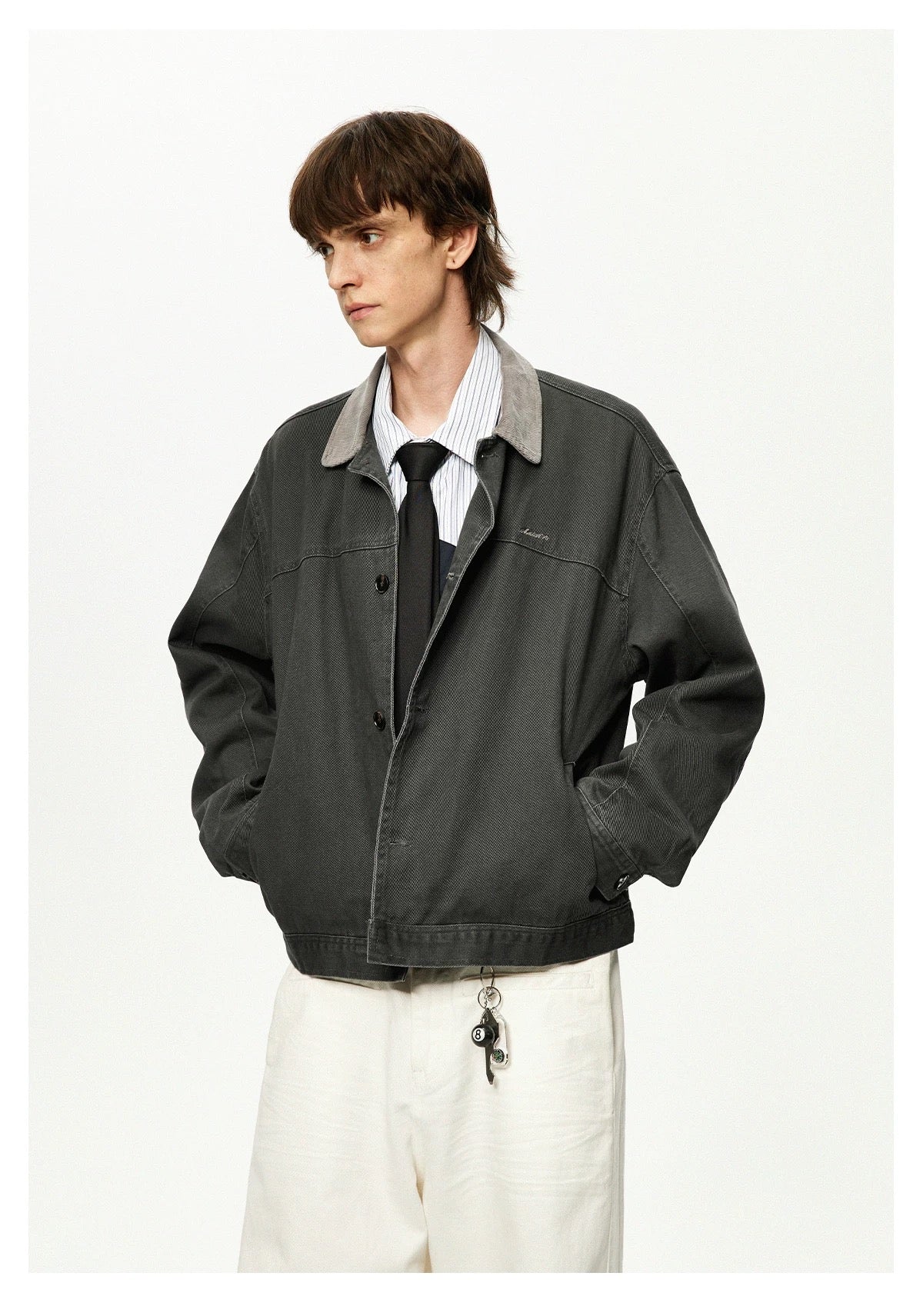 Men’s Color-Block Workwear Jacket – American Retro Contrast Collar Utility Outerwear FE0005