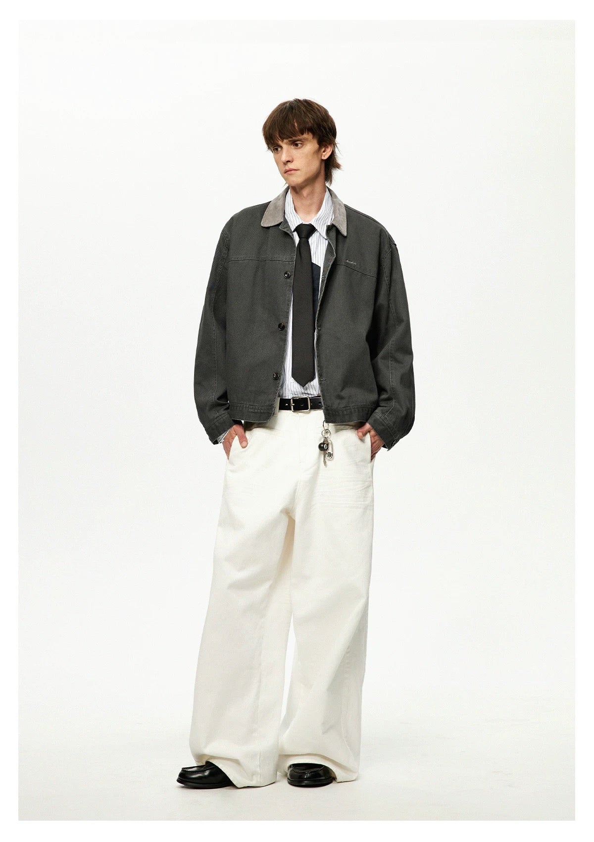 Men’s Color-Block Workwear Jacket – American Retro Contrast Collar Utility Outerwear FE0005