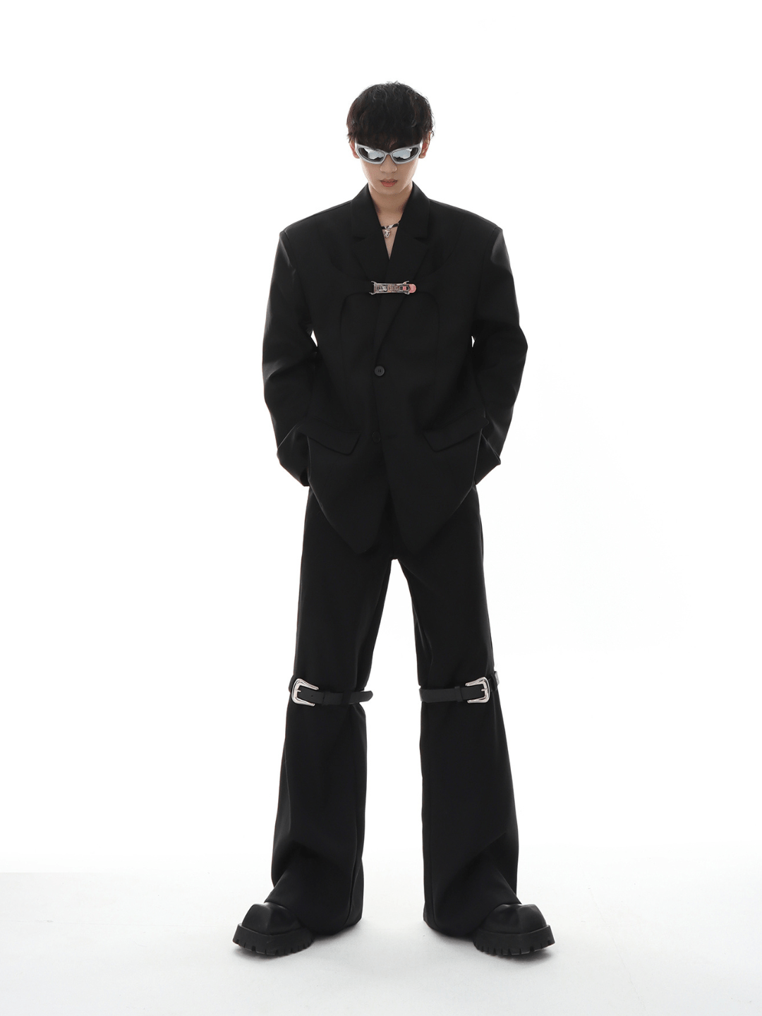 metal button multi drape straight pants FE0415