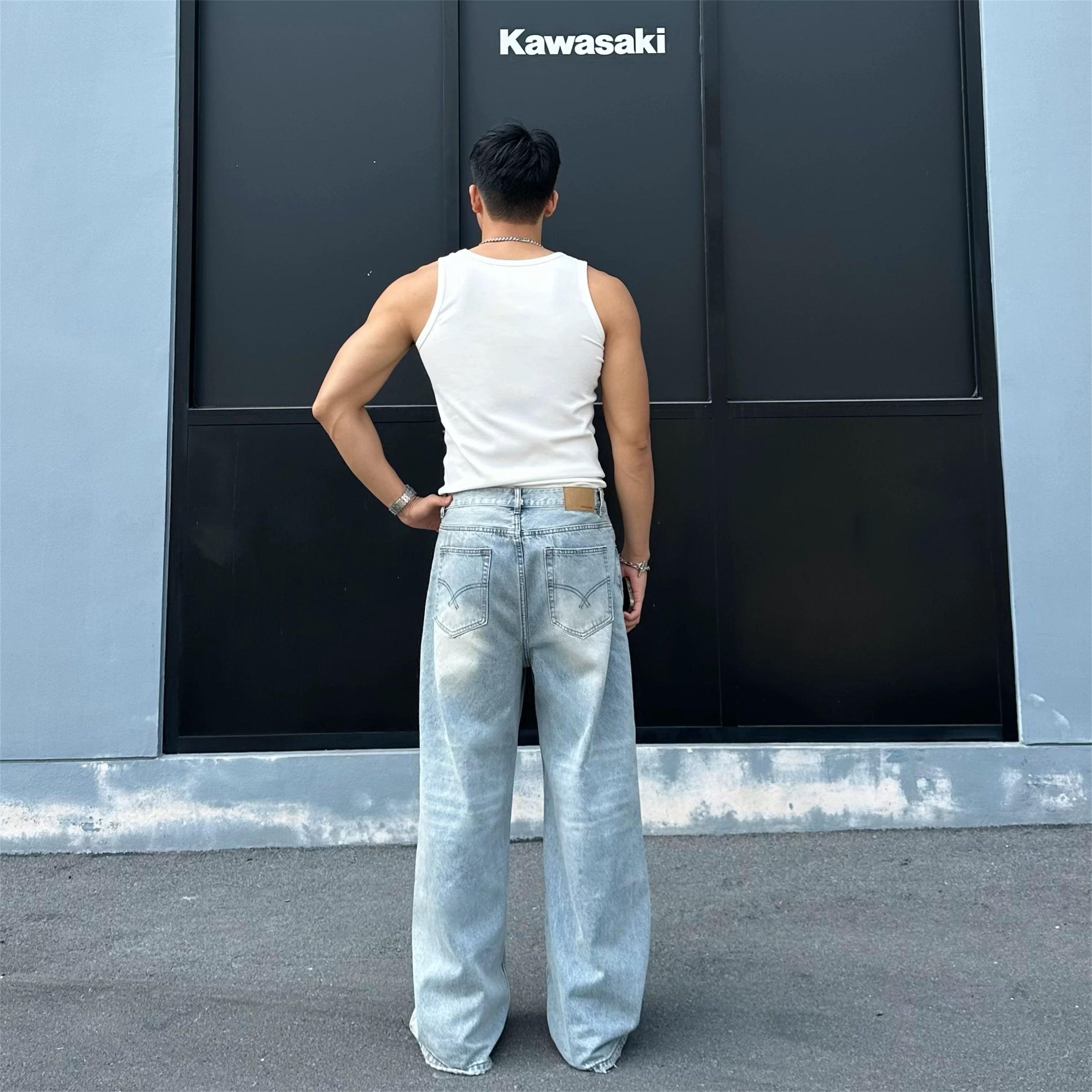 Men’s Vintage Wash Straight Leg Jeans Loose Fit Wide Leg Denim Pants FE0012