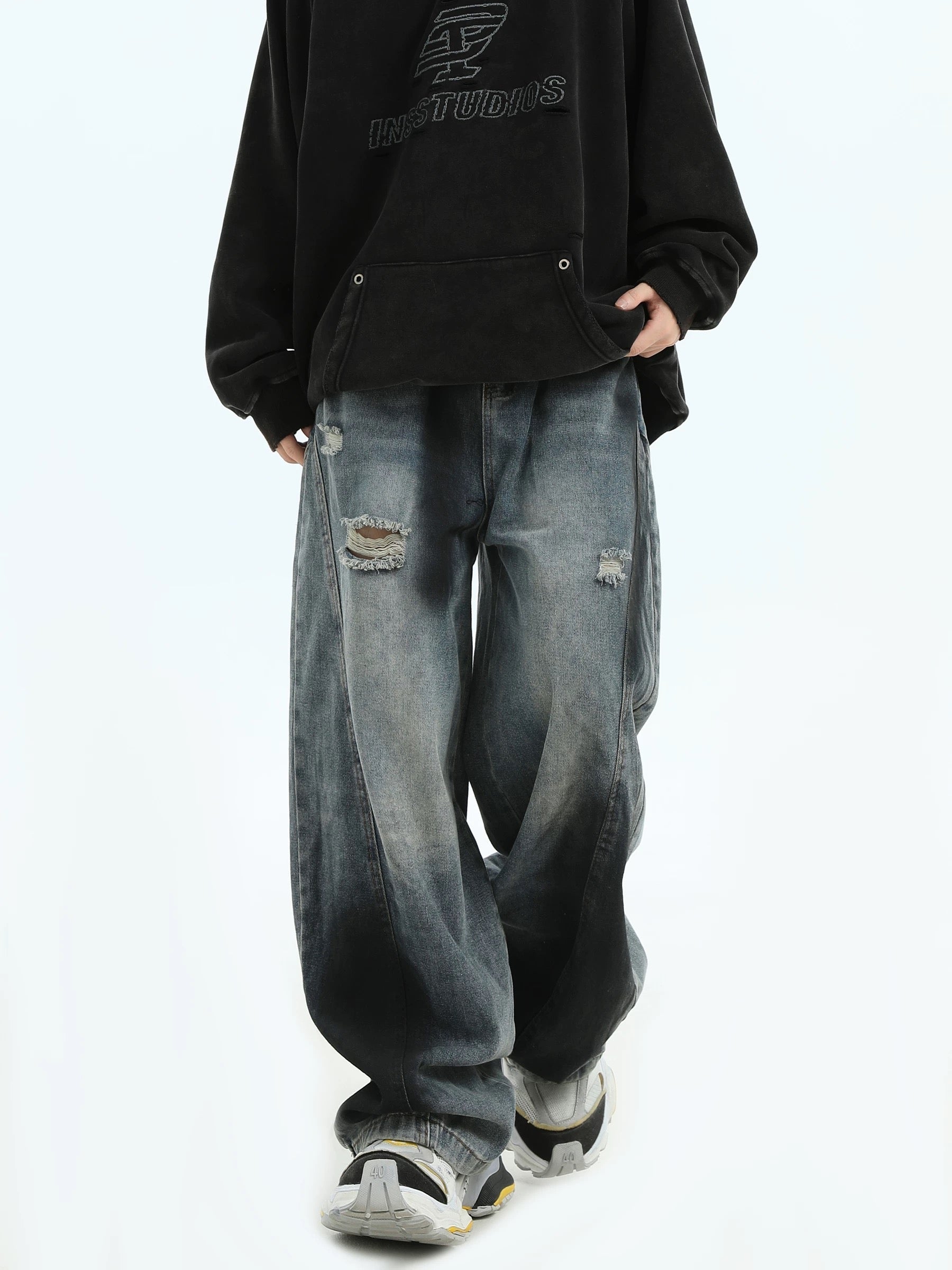 Men’s Graffiti Washed Distressed Jeans – Vintage American High Street Denim Pants FE0323