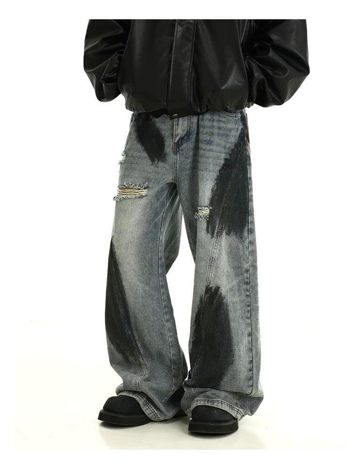 Men’s Graffiti Washed Distressed Jeans – Vintage American High Street Denim Pants FE0323