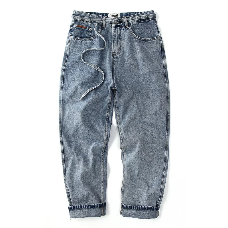 Japanese Streetwear Drawstring Ties Contrast Stitching Denim Pants Men's Loose Straight Leg Washed Versatile Baggy Haramaki Joggers FE0009