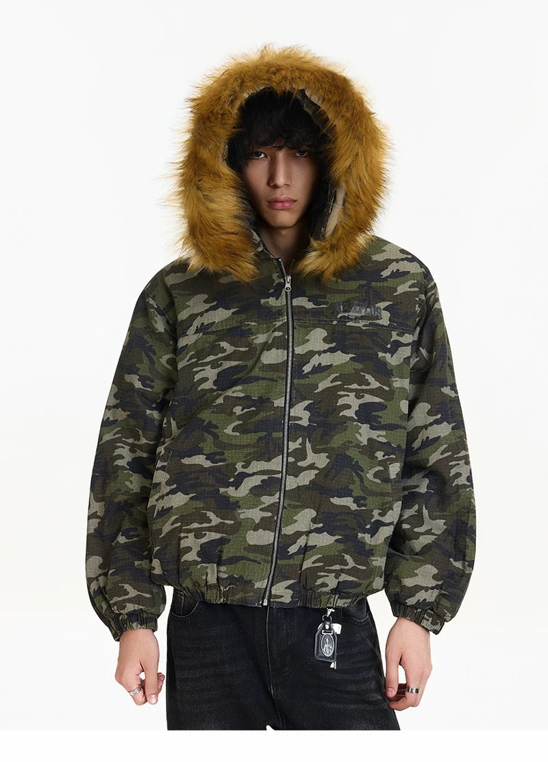 Men’s Vintage Camo Fur Hooded Puffer Jacket – American Retro Winter Street Coat FE0308