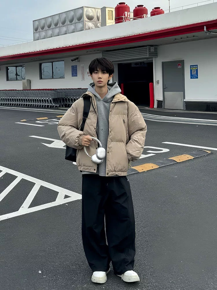 Men’s Clean Fit Short Puffer Jacket – American Minimal Street Winter Coat FE0310
