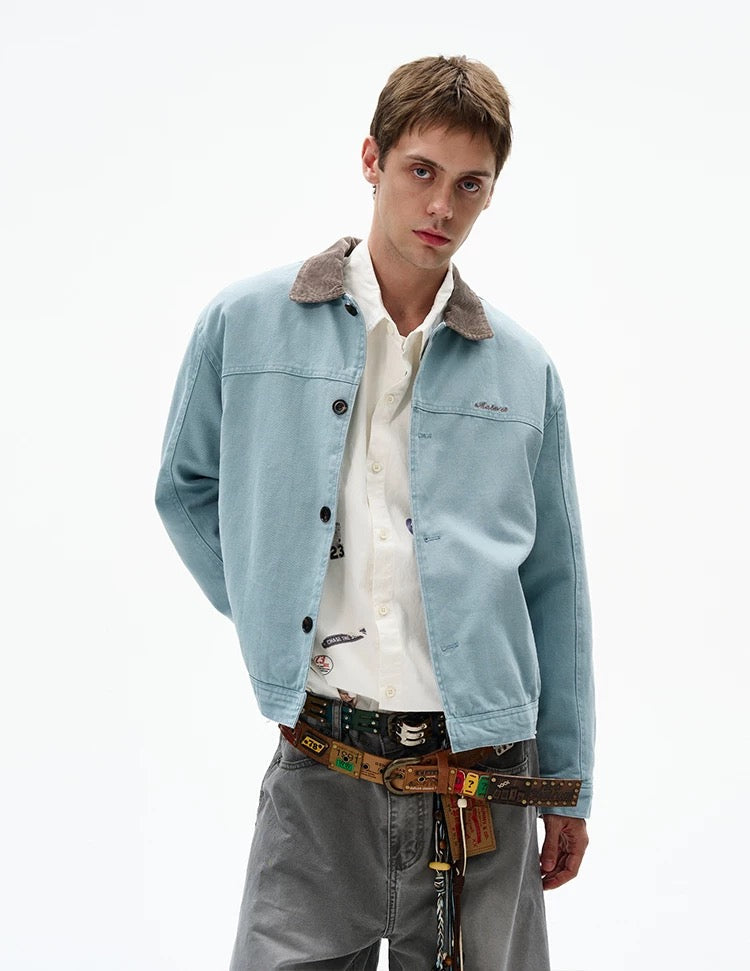 Men’s Color-Block Workwear Jacket – American Retro Contrast Collar Utility Outerwear FE0005