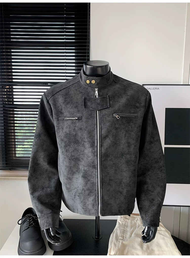 Men’s Vintage Tie-Dye PU Leather Jacket – Stand Collar Streetwear Outerwear FE0016
