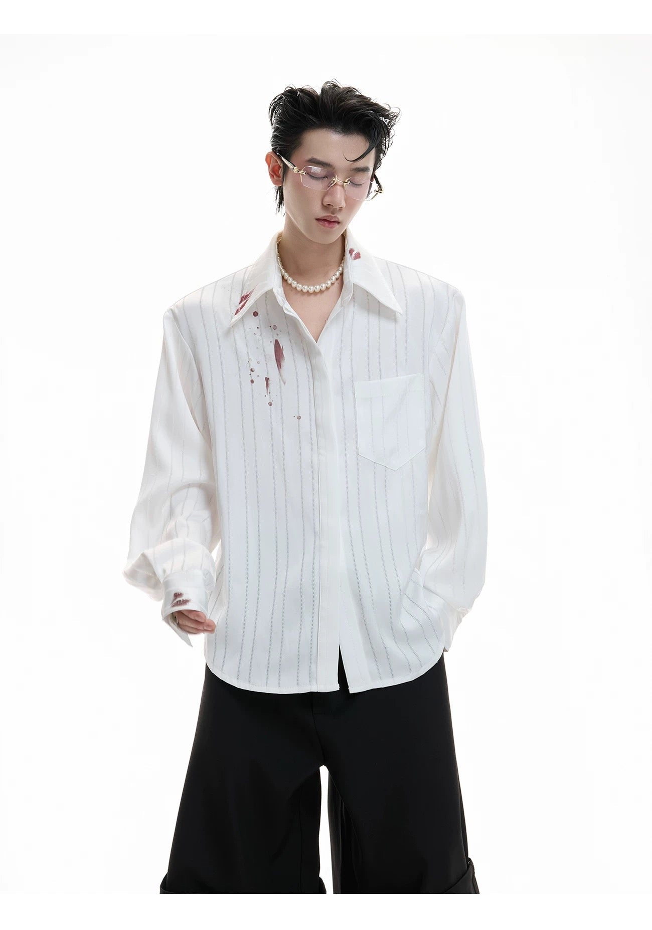 Hot Kiss Misty Realm Striped Satin Lipstick Print Shirt FE0273