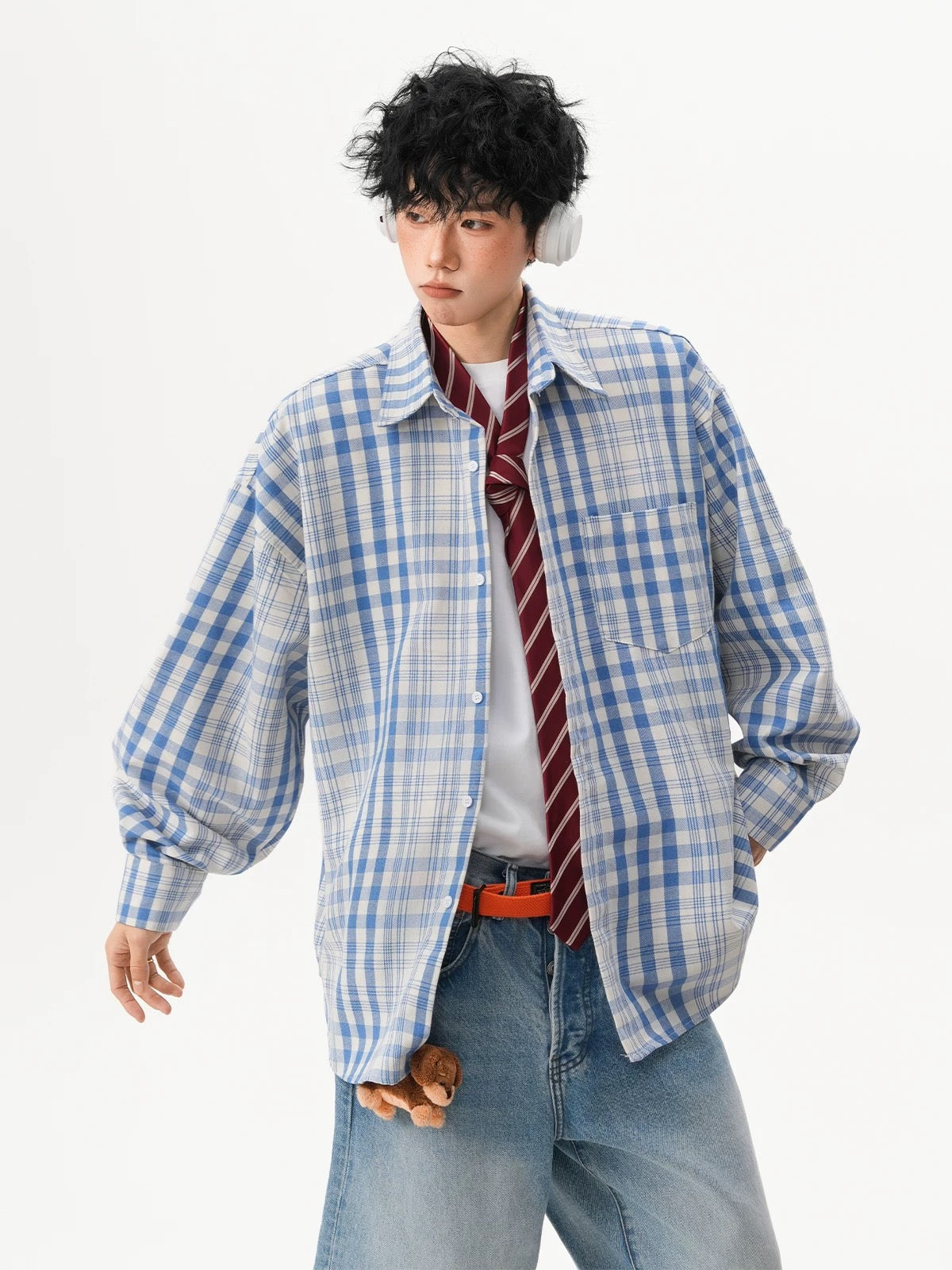 Men’s Vintage Blue Plaid Shirt – American Retro Street Casual Overshirt FE0316