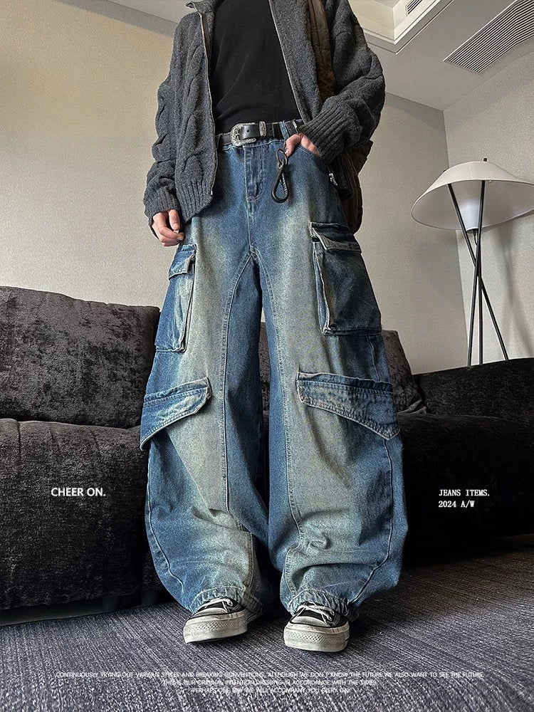 Washed High-Street Cargo Jeans - Heavy-Duty Patchwork Straight-Leg Unisex Pants FE0002