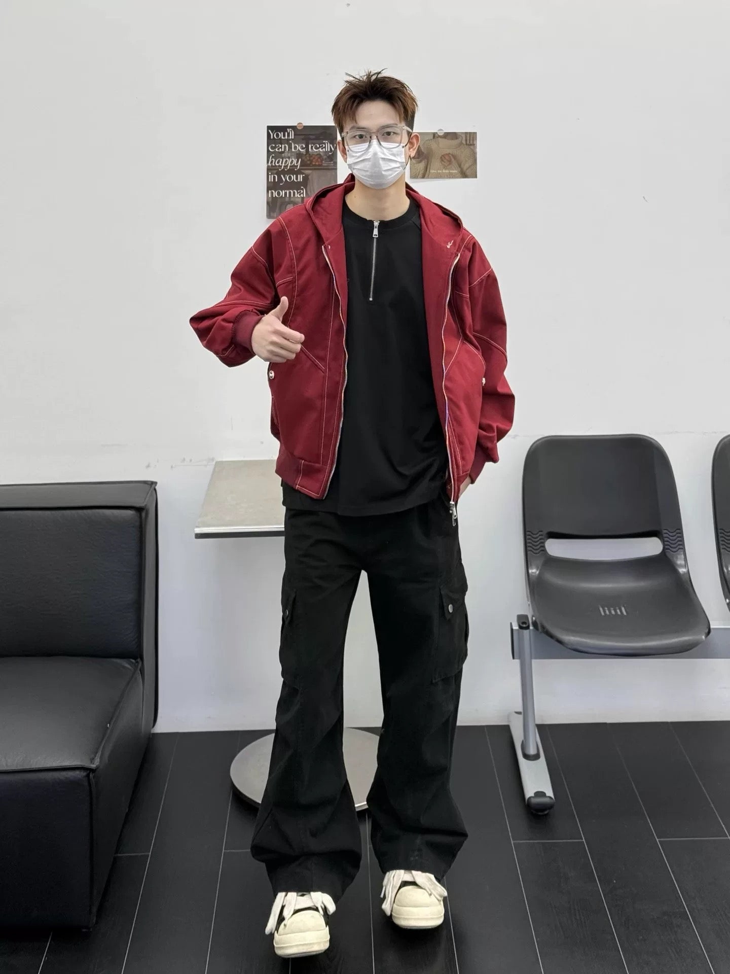 Men’s Red Contrast Stitch Hooded Jacket – Streetwear Short Outerwear Coat FE0318