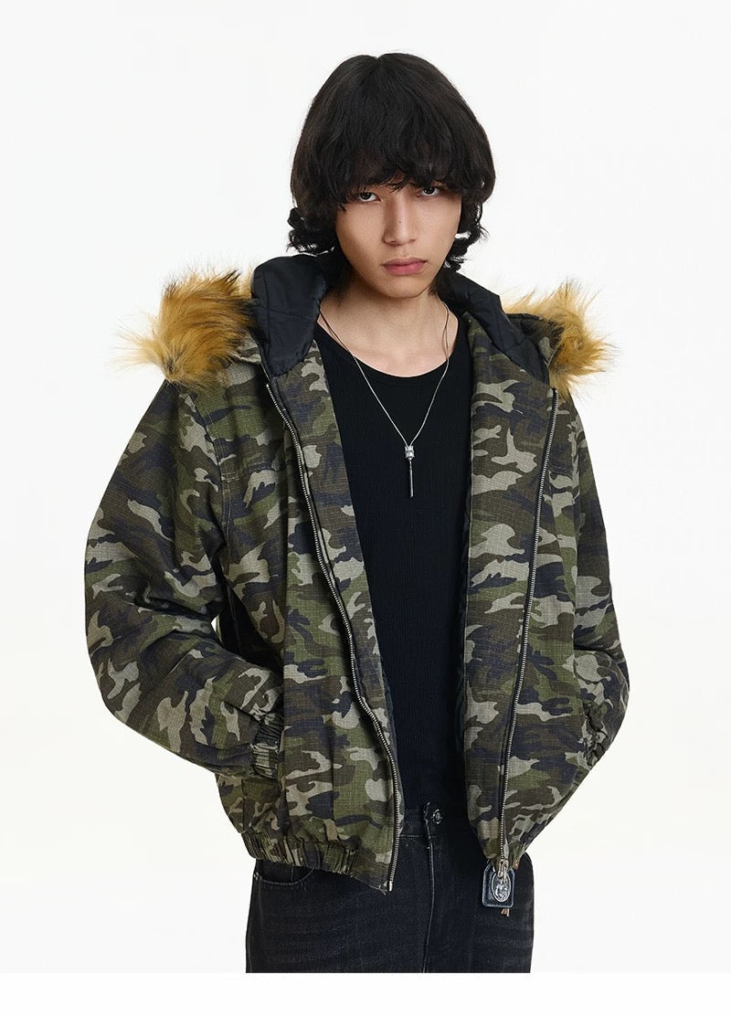 Men’s Vintage Camo Fur Hooded Puffer Jacket – American Retro Winter Street Coat FE0308