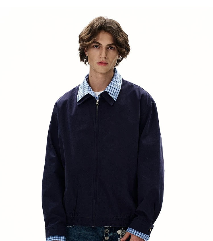 Men’s Vintage Plaid Patchwork Layered Jacket – American Retro Fake Two-Piece Streetwear Coat FE0055