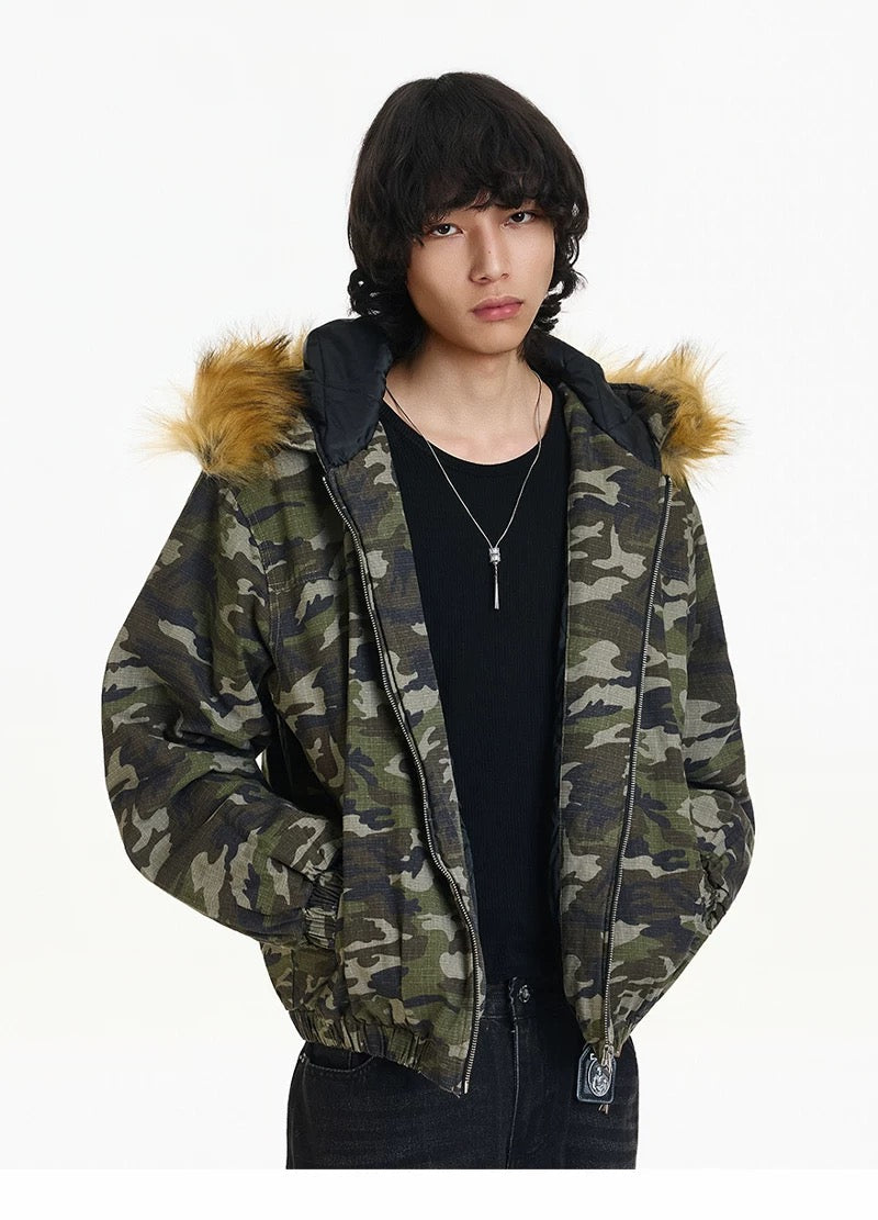 Men’s Vintage Camo Fur Hooded Puffer Jacket – American Retro Winter Street Coat FE0308
