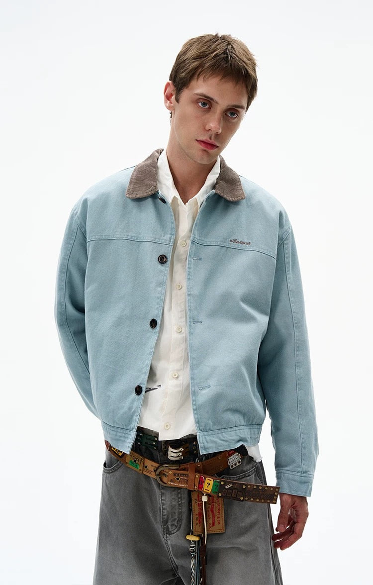 Men’s Color-Block Workwear Jacket – American Retro Contrast Collar Utility Outerwear FE0005