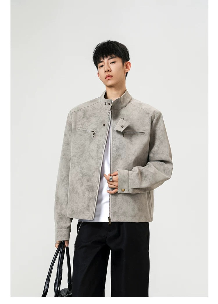 Men’s Vintage Tie-Dye PU Leather Jacket – Stand Collar Streetwear Outerwear FE0016