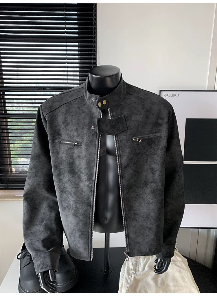 Men’s Vintage Tie-Dye PU Leather Jacket – Stand Collar Streetwear Outerwear FE0016