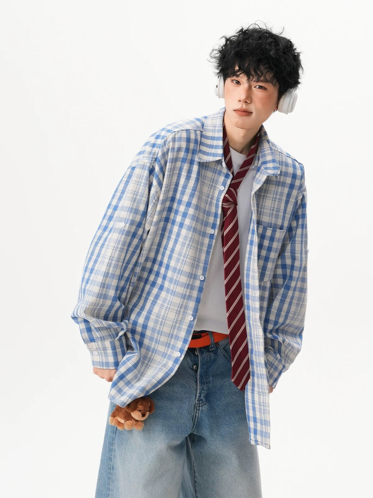 Men’s Vintage Blue Plaid Shirt – American Retro Street Casual Overshirt FE0316