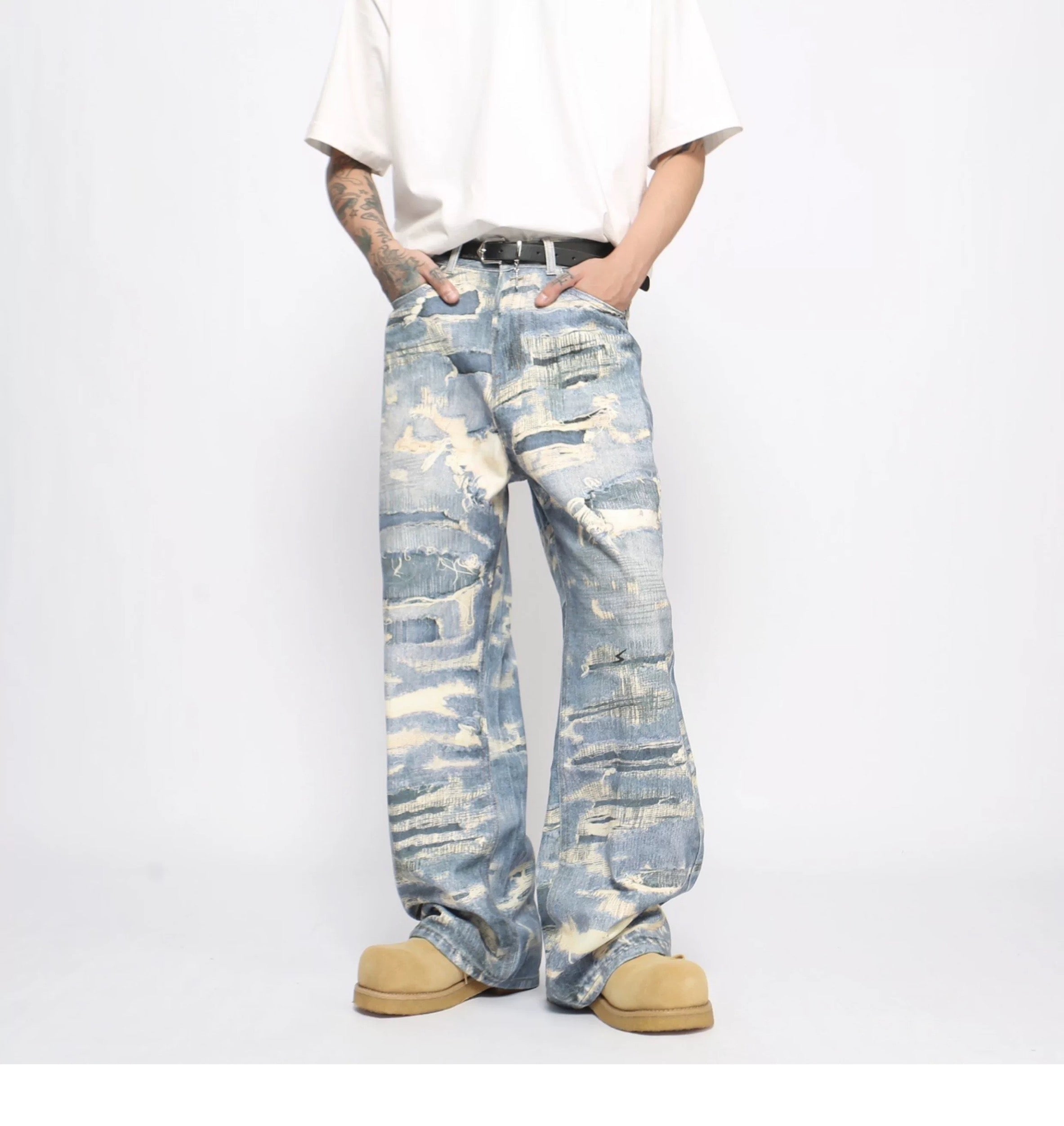 Men’s Distressed Printed Jeans – Vintage Washed Ripped Denim Pants FE0029