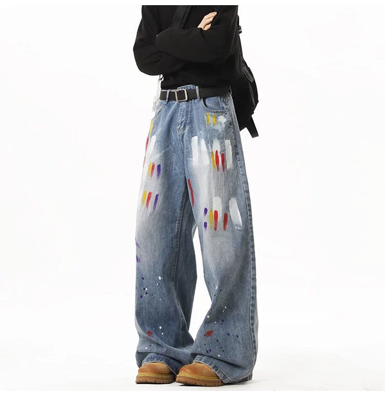Men’s Graffiti Denim Jeans – Vintage American High Street Painted Streetwear Pants FE0053