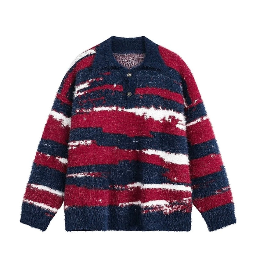 Men’s American Color-Block Striped Sweater – High Street Retro Knit Pullover FE0020
