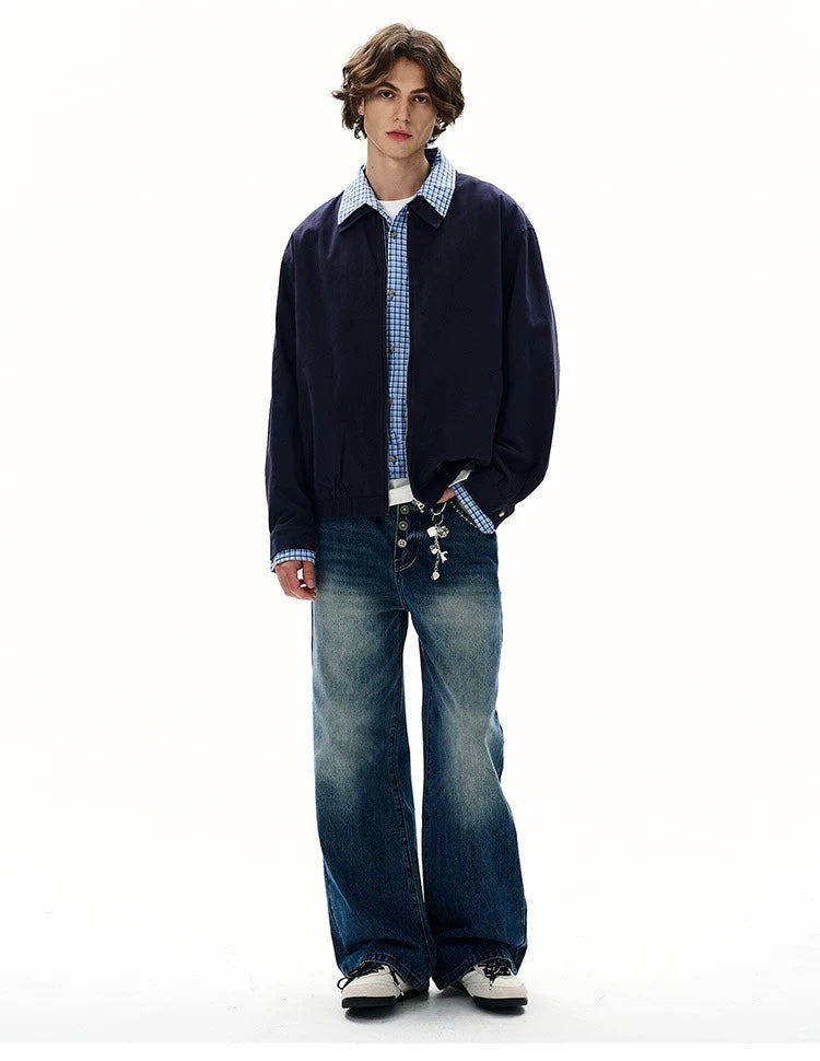 Men’s Vintage Plaid Patchwork Layered Jacket – American Retro Fake Two-Piece Streetwear Coat FE0055