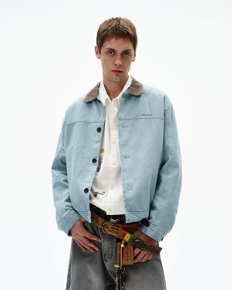 Men’s Color-Block Workwear Jacket – American Retro Contrast Collar Utility Outerwear FE0005