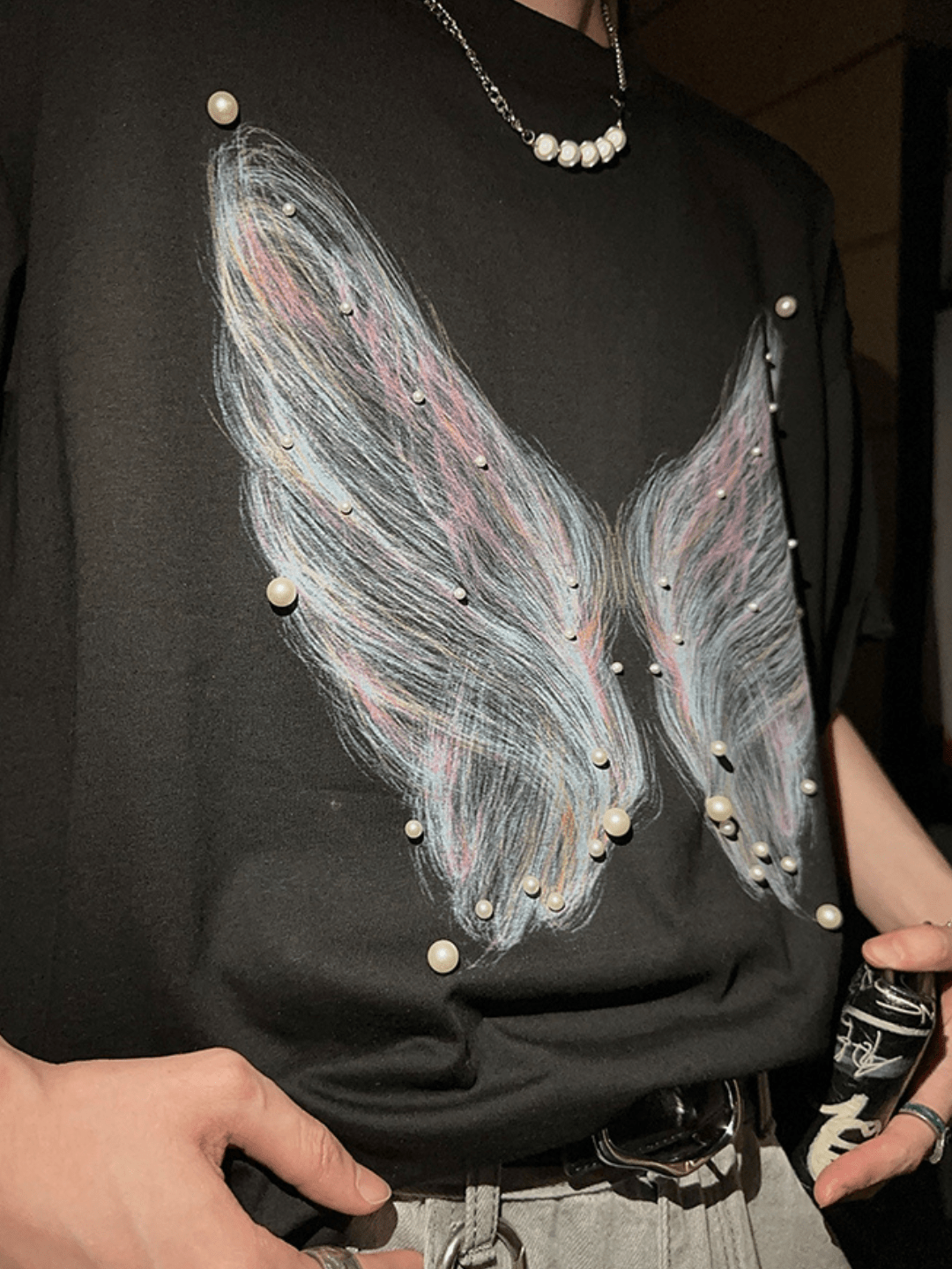 pearl butterfly print T-shirt FE0182