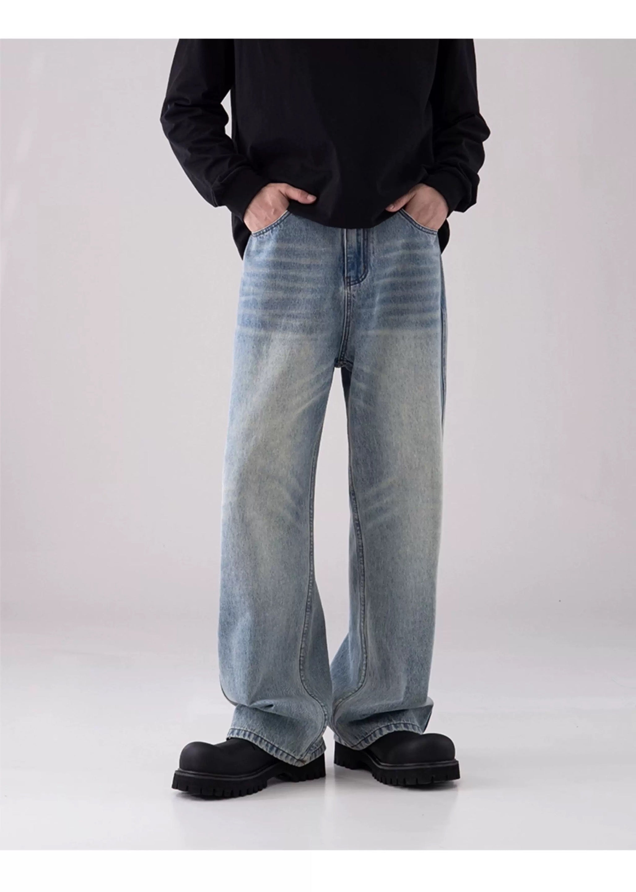 Men’s Vintage Washed Wide-Leg Jeans – American Retro Streetwear Denim FE0037