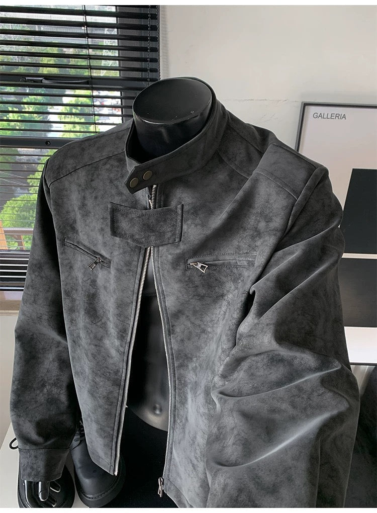 Men’s Vintage Tie-Dye PU Leather Jacket – Stand Collar Streetwear Outerwear FE0016