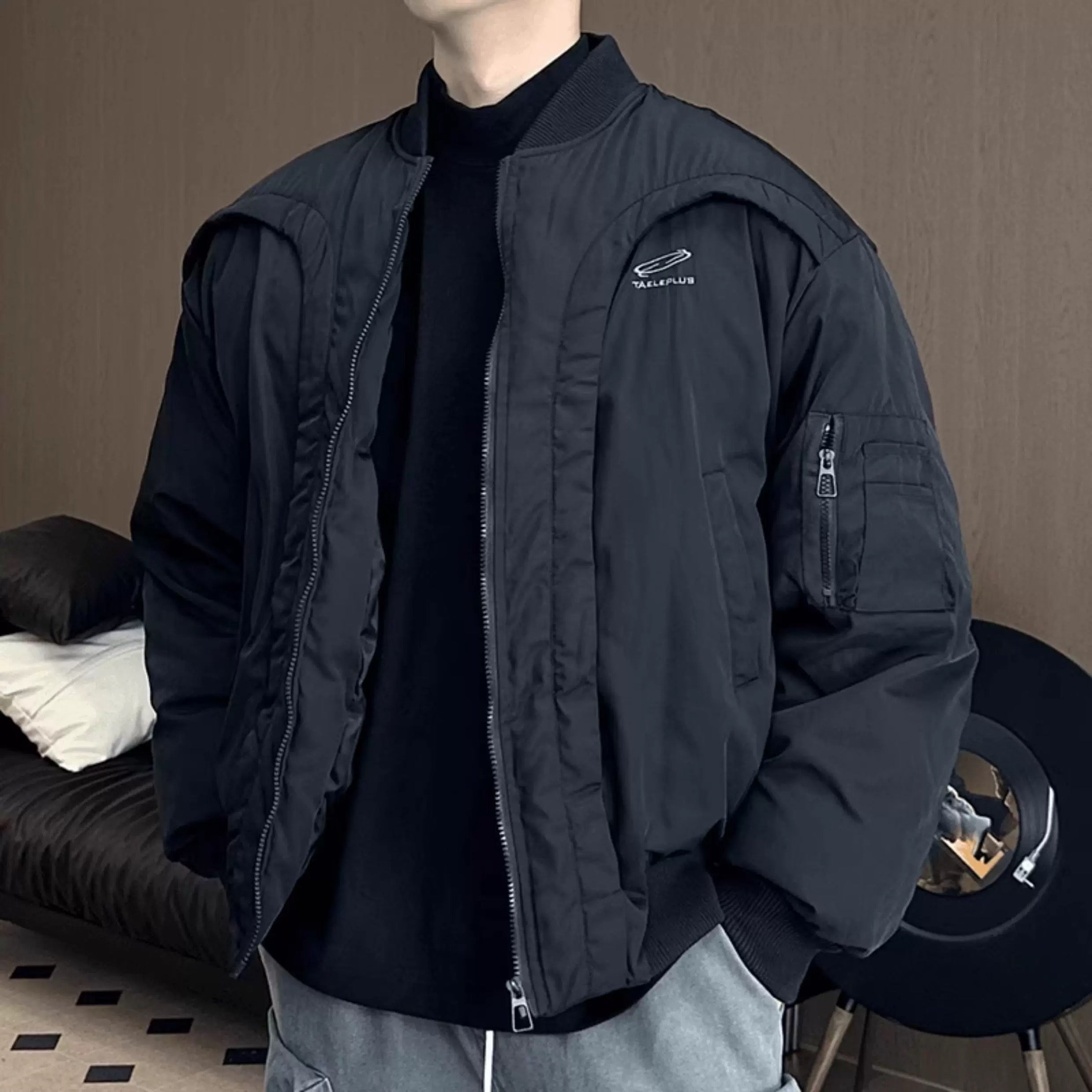 Men’s Deconstructed Bomber Jacket – American Retro High-Street Flight Outerwear FE0041
