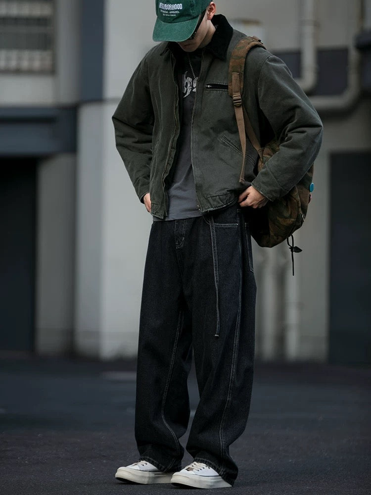Japanese Streetwear Drawstring Ties Contrast Stitching Denim Pants Men's Loose Straight Leg Washed Versatile Baggy Haramaki Joggers FE0009