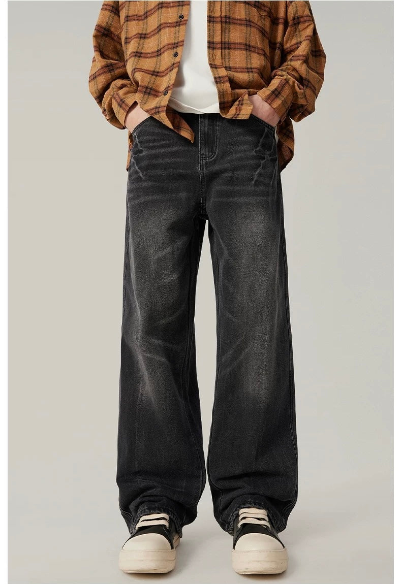 Men’s Vintage Washed Wide-Leg Jeans – American Retro Streetwear Denim FE0037