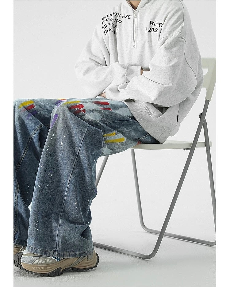 Men’s Graffiti Denim Jeans – Vintage American High Street Painted Streetwear Pants FE0053