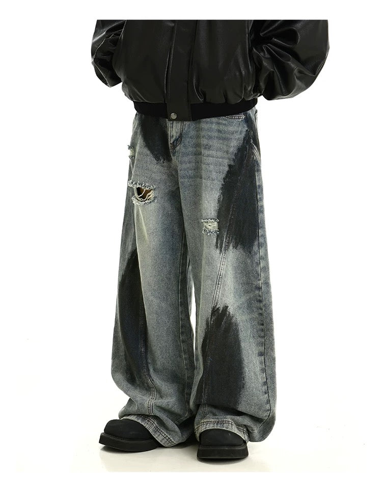 Men’s Graffiti Washed Distressed Jeans – Vintage American High Street Denim Pants FE0323