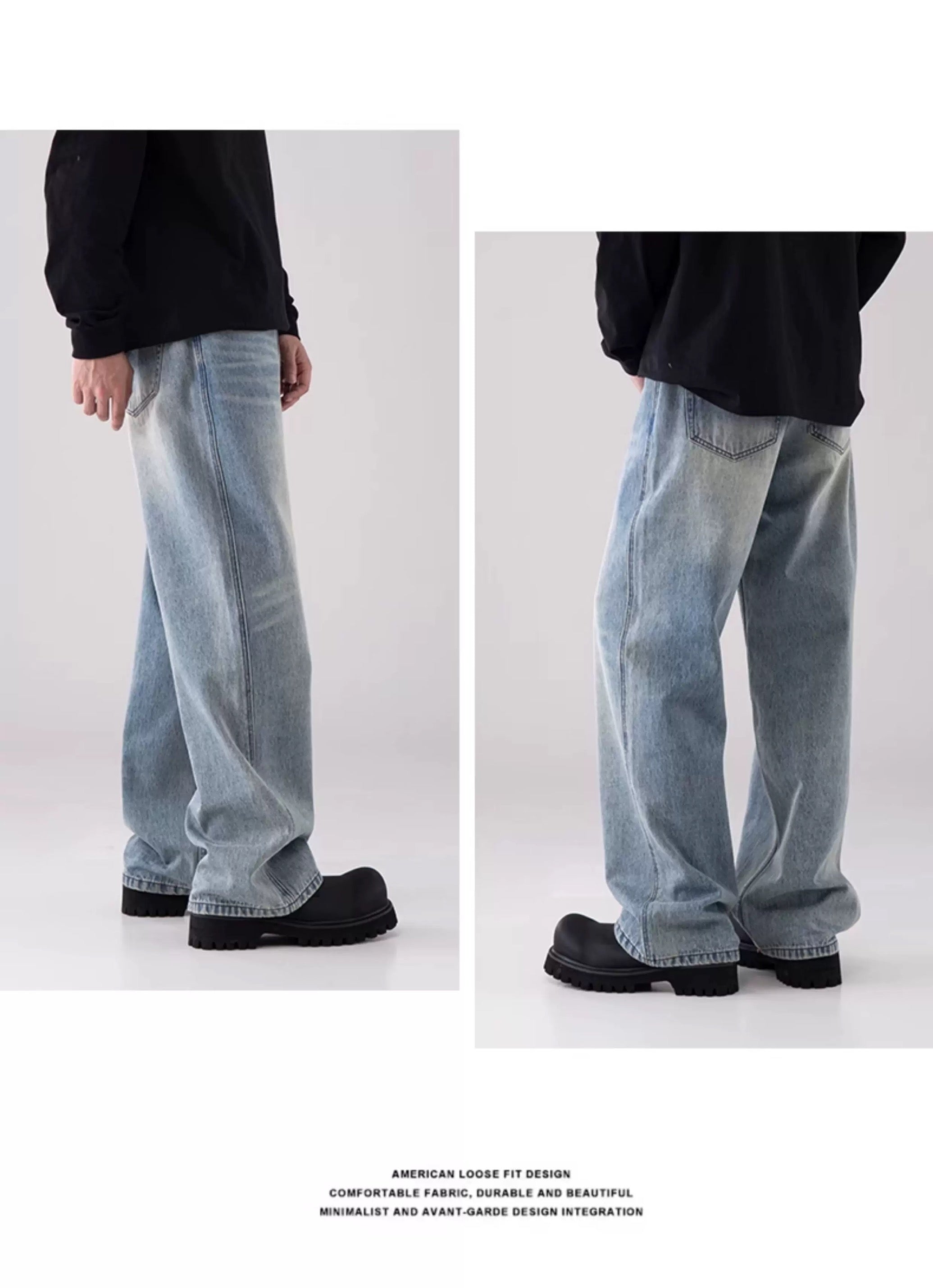 Men’s Vintage Washed Wide-Leg Jeans – American Retro Streetwear Denim FE0037