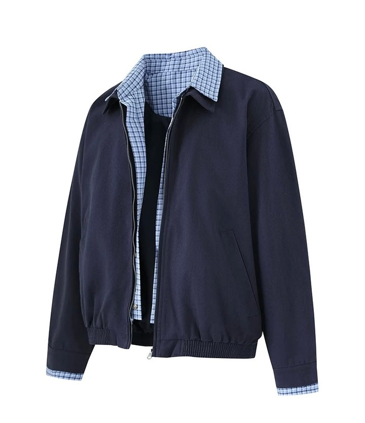 Men’s Vintage Plaid Patchwork Layered Jacket – American Retro Fake Two-Piece Streetwear Coat FE0055