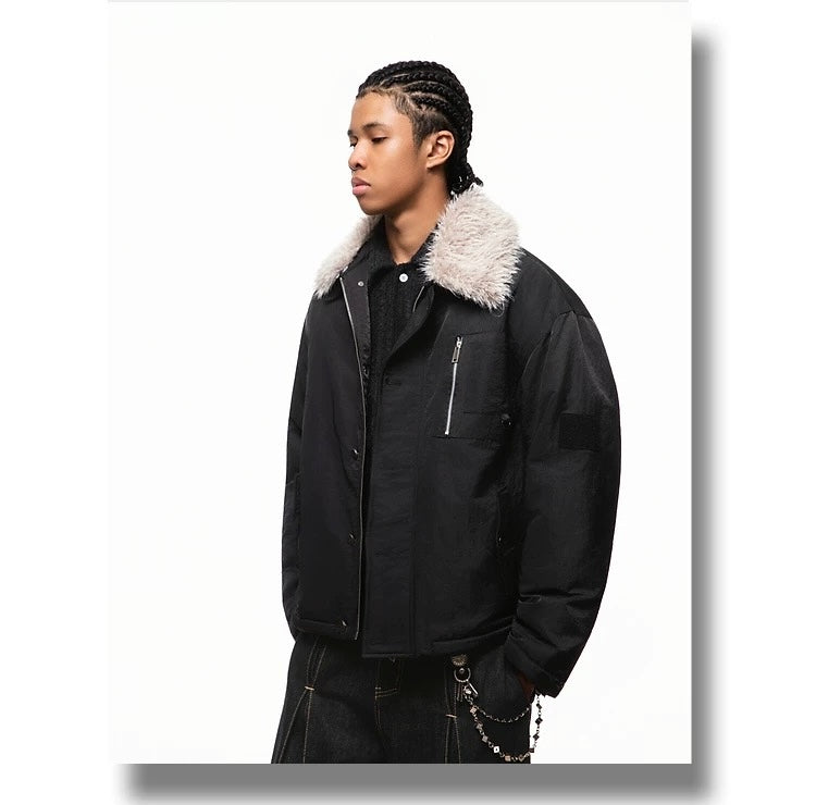 Men’s Detachable Fur Collar Padded Jacket – American Retro Winter Street Outerwear FE0040