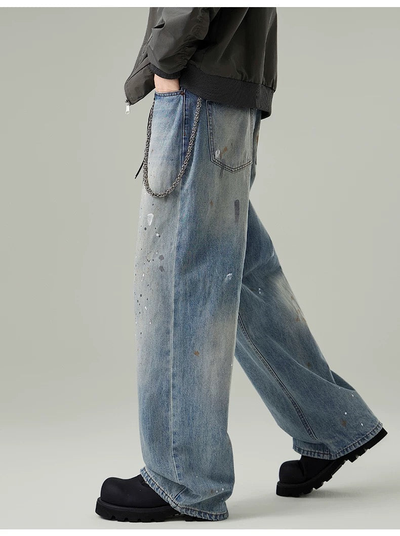 Men’s Paint-Splatter Washed Jeans – Vintage American Street Art Denim Pants FE0056