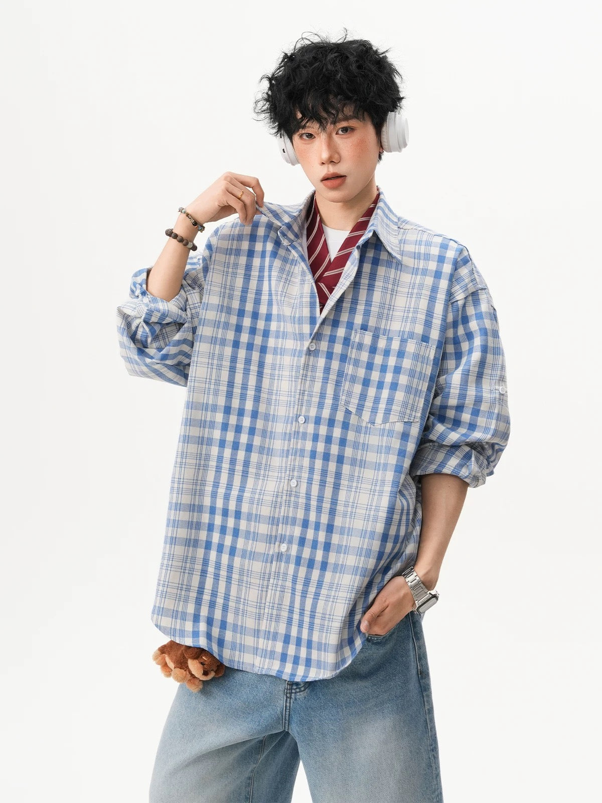 Men’s Vintage Blue Plaid Shirt – American Retro Street Casual Overshirt FE0316