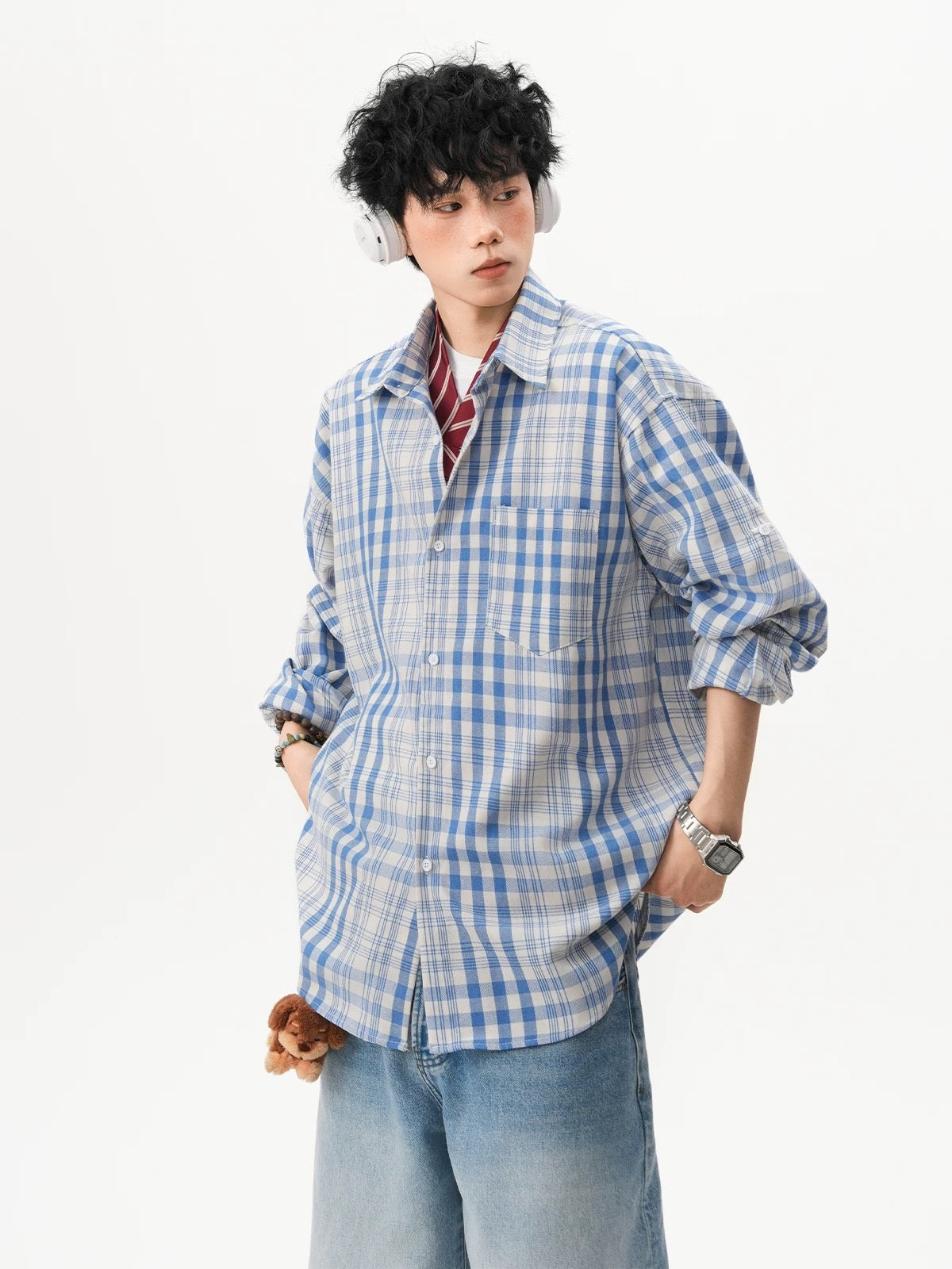 Men’s Vintage Blue Plaid Shirt – American Retro Street Casual Overshirt FE0316