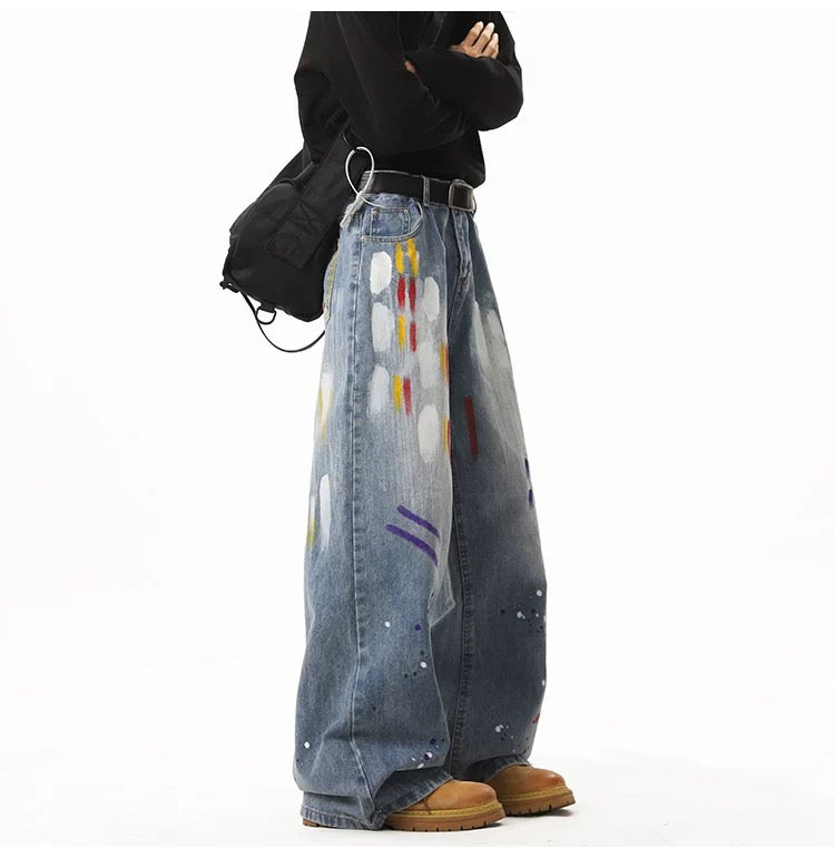 Men’s Graffiti Denim Jeans – Vintage American High Street Painted Streetwear Pants FE0053
