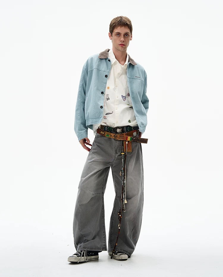 Men’s Color-Block Workwear Jacket – American Retro Contrast Collar Utility Outerwear FE0005