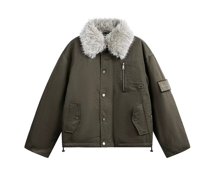 Men’s Detachable Fur Collar Padded Jacket – American Retro Winter Street Outerwear FE0040