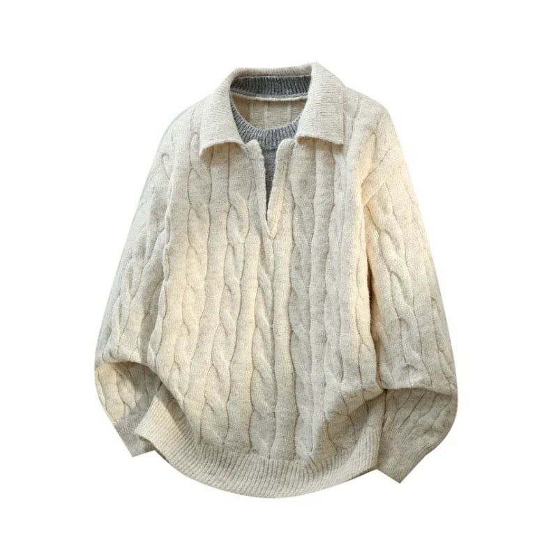 Men’s Vintage Cable Knit Layered Sweater – Retro Street Faux Two-Piece Pullover FE0315