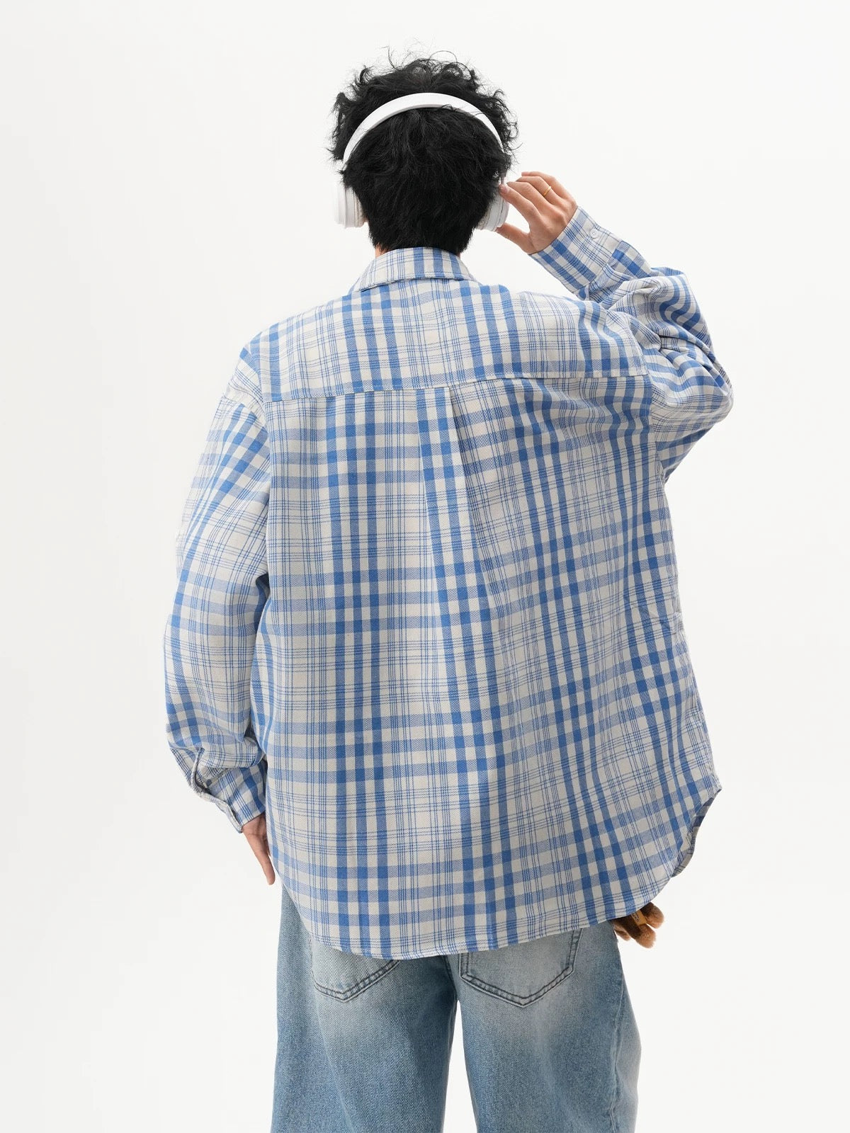 Men’s Vintage Blue Plaid Shirt – American Retro Street Casual Overshirt FE0316