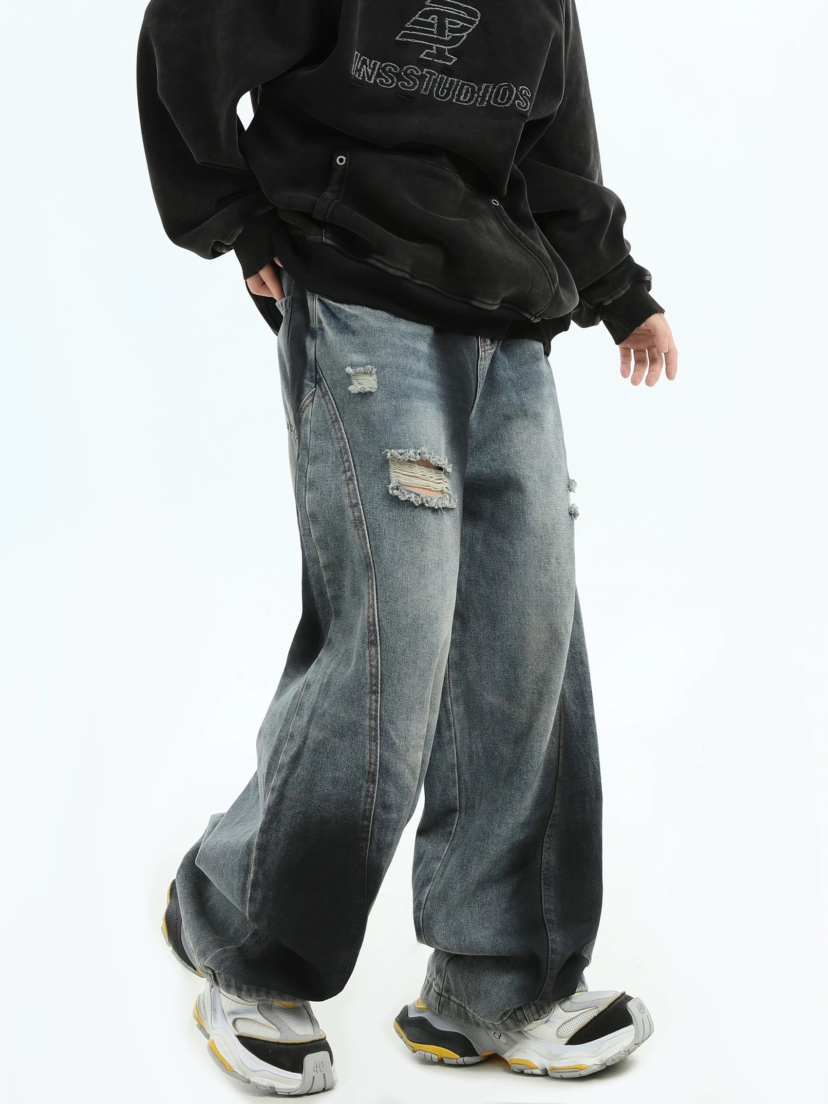 Men’s Graffiti Washed Distressed Jeans – Vintage American High Street Denim Pants FE0323
