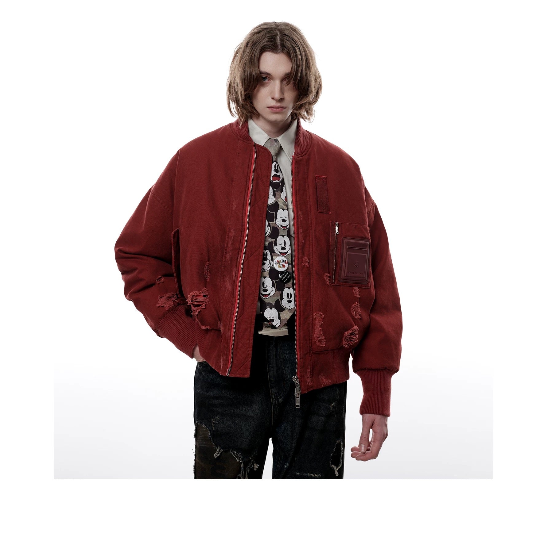 Men’s Burgundy MA-1 Distressed Bomber Jacke FE0306